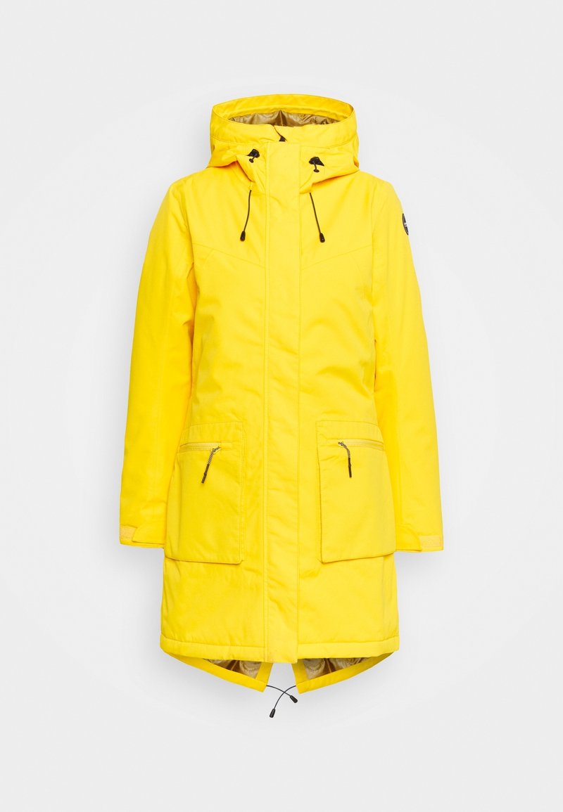 Gul vandtæt parka med hætte, to frontlommer med lynlås, snoretræk i kanten og kontrasterende inderfor. Glat tekstur, mellemlangt design.