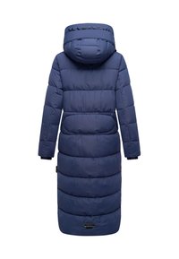 Navy blue puffer coat with a hood, featuring horizontal quilted sections, a logo patch, and elastic cuffs for a snug fit.