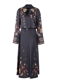 Langes marineblaues Kleid mit floralem Muster in Rot und Gold, mit Schleifenkragen, langen Ärmeln und elastischem Taillenbund. Glatte Stofftextur.