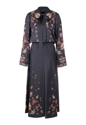 Long navy dress with floral pattern in red and gold, featuring a bow tie collar, long sleeves, and an elastic waist. Smooth fabric texture.