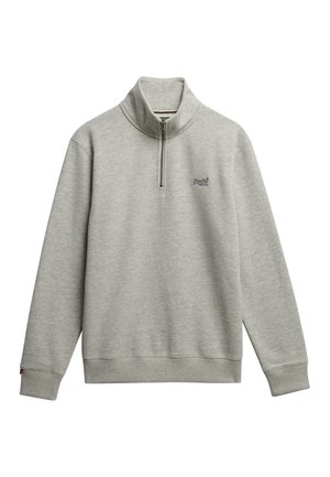 Grijze pullover sweatshirt met een kwart-rits kraag, gemaakt van zachte stof, met ribgebreide manchetten en een klein logo op de borst.
