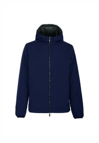 Giacca puffer blu navy con cappuccio, chiusura frontale con zip, polsini elasticizzati e due tasche laterali. Tessuto morbido, idrorepellente.