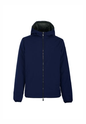 Giacca puffer blu navy con cappuccio, chiusura frontale con zip, polsini elasticizzati e due tasche laterali. Tessuto morbido, idrorepellente.