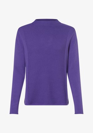 Lila Langarmpullover mit strukturiertem Strickmuster. Verfügt über einen hohen Ausschnitt und einen geraden Schnitt, mit seitlichen Schlitzen am Saum.