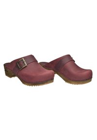 Burgundy leather clogs with a wide strap and bronze buckle, featuring a textured surface and wood-like sole with tread patterns.