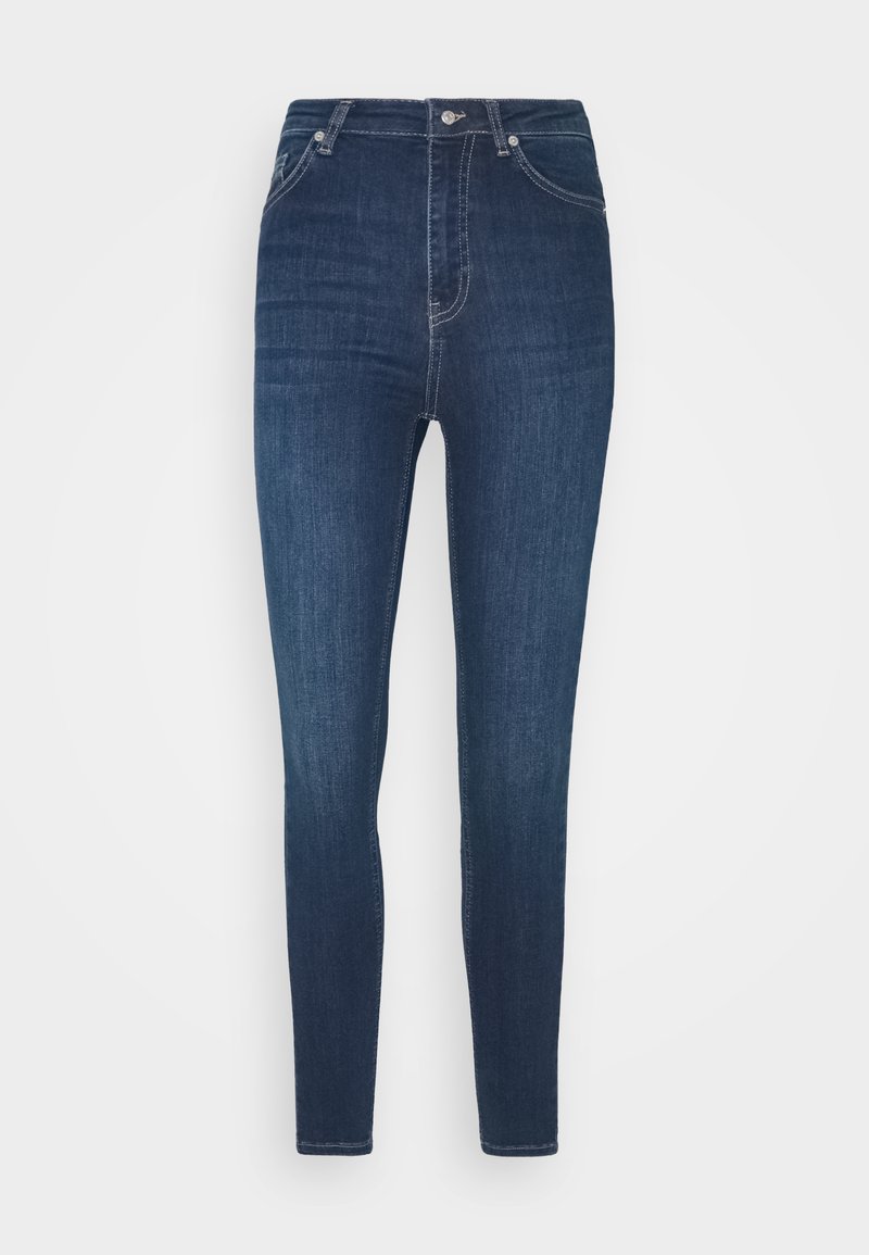 Mörkblå, högmidjade skinny jeans i denim. Har diskret sömnad, fem fickor och en framknäppning.