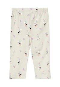 Helle Creme Leggings mit einem verspielten Muster aus Figuren, Palmen und Früchten in Pastellfarben. Weicher Stoff mit einem elastischen Bund.