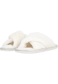 Vita, fluffiga tofflor med ett korsande design, plyschtextur, rund tå och mjuk, vadderad sula. Lämpliga för inomhusbruk.
