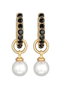 Guld hoops øreringe med sorte ædelsten og hvide perledråber. Har cirkulære accenter og en poleret finish.