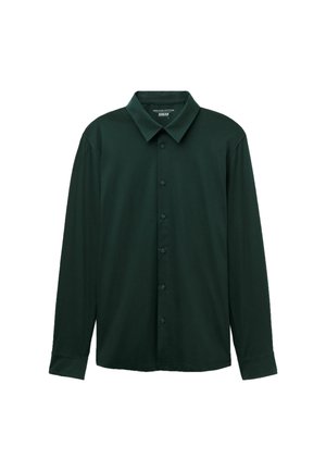 Dunkelgrünes Langarm-Hemd mit Knopfleiste aus hochwertiger Baumwolle, mit klassischem Kragen und geradem Saum sowie einer glatten Textur.