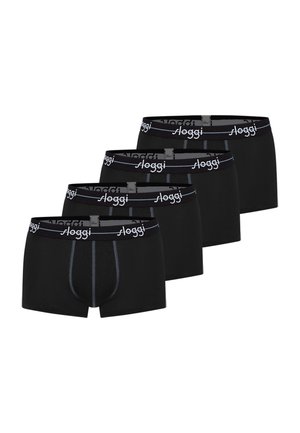Four black men's boxer briefs with gray stitching and black waistbands featuring the white "sloggi" logo, arranged in a row.