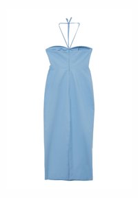 Himmelblaues, trägerloses Kleid mit tailliertem Oberteil und gerader Rockform. Mit einem Reißverschluss auf der Rückseite und dünnen, verstellbaren Trägern. Glatter Stoff.