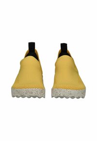 Yellow slip-on shoes made of mesh material with a textured black interior and a scalloped white sole featuring brown speckles.