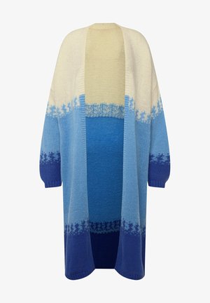Long cardigan in a gradient of cream and blue tones, featuring an open front, loose sleeves, and textured knit detailing at the hem.