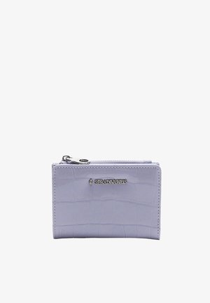 Purple faux leather wallet with a crocodile texture, silver zipper, and logo detail on the front. Compact rectangular design.