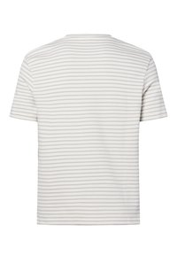 Short-sleeve shirt in light grey with thin horizontal stripes. Soft fabric, crew neck, and a relaxed fit with textured surface.