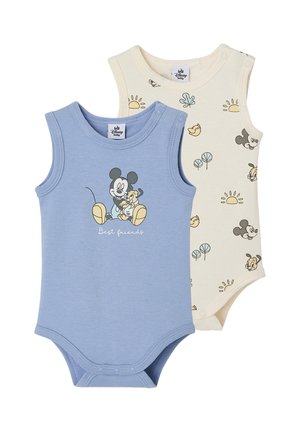 Sleeveless blue and cream baby bodysuits with Mickey Mouse and friends prints, featuring snap closures at shoulders and crotch for easy dressing.