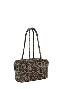 Borsa a tracolla con stampa leopardata, tessuto testurizzato, forma rettangolare, manici doppi e dettagli in metallo argentato. Disponibile nelle tonalità marrone e nera.