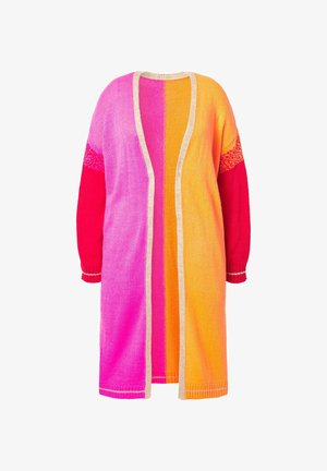 Kolorowy, oversized kardigan w różowych, pomarańczowych i czerwonych odcieniach. Miękka dzianina, otwarty przód, długie rękawy i kontrastowe wykończenie.