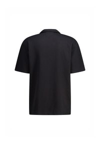 Black polo shirt with short sleeves, textured fabric, classic collar, and a straight hem. Back view shows clean design without embellishments.
