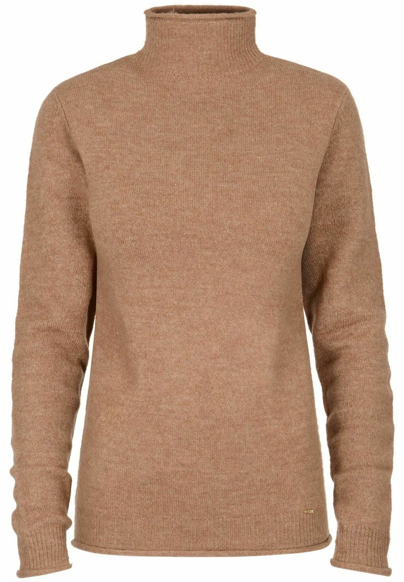 Pull en laine marron à col roulé, avec des manches longues, un col côtelé et des fentes sur les côtés à l'ourlet. Présente une texture subtile et un petit logo en accent.