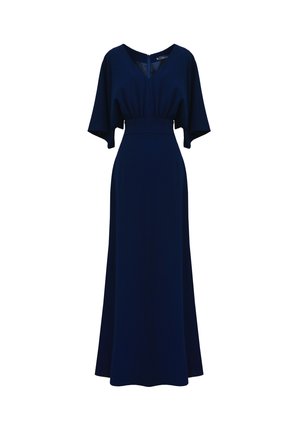Granatowa maxi sukienka z krótkimi falbankowymi rękawami, dekoltem w literę V i dopasowaną talią, wykonana z gładkiego materiału, z ukrytym zamkiem błyskawicznym z tyłu.