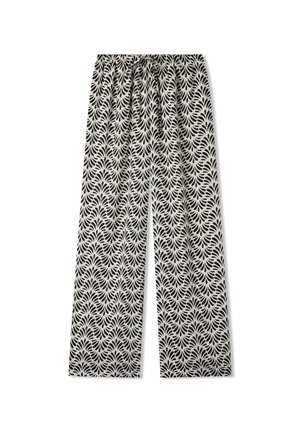 Pantaloni a gamba larga in bianco e nero con una cintura elastica, caratterizzati da un motivo a foglie e da una texture di tessuto liscia.