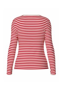 Röd och vit randig långärmad skjorta med ribbat mönster, som har en rund halsringning och en figurnära design. Inga synliga detaljer eller accenter.