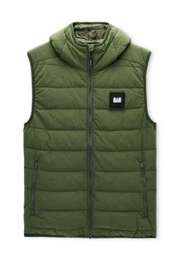 Grüne gepolsterte Weste mit Kapuze, ausgestattet mit einem durchgehenden Reißverschluss, seitlichen Taschen und einem Logopatch auf der Brust. Strukturierter Stoff mit Karomuster.