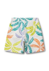 Shorts blancs avec un motif de feuilles colorées en turquoise, orange, jaune et lavande ; taille élastique ; texture de tissu douce.