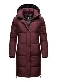 Bordeaux lang puffer jakke med hætte, der har en lynlås foran, polstret design og to lynlåslommer. Sort indre for.