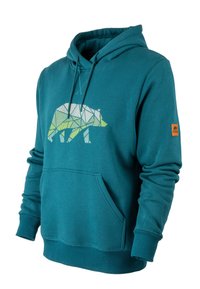 Türkisfarbener Hoodie aus weichem Stoff mit einer Kängurutasche, versehen mit einem geometrischen Bärendesign in Hellgrün und Weiß. Enthält ein braunes Logo-Patch.