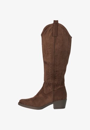 Bruine suède cowboylaars met blokhak van gemiddelde hoogte en decoratieve stiksels op de schacht, trekkoord aan de bovenkant.