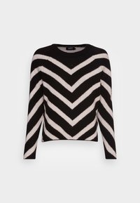 Pull rayé noir et blanc avec un motif en zigzag, encolure ras du cou, manches longues et coupe courte en tissu tricoté doux.