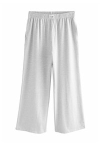 Szare, lekkie spodnie z mieszanki bawełny z elastycznym paskiem w pasie i bocznymi kieszeniami. Luźny, szeroki krój; gładka faktura bez wzorów.