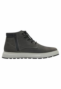 Bottines en cuir gris avec une finition texturée, des accents noirs et des semelles en caoutchouc blanc. Elles disposent de lacets et d'une fermeture éclair latérale pour un accès facile.