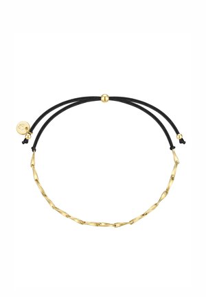Verstellbares schwarzes Kord-Armband mit verbundenen, goldfarbenen, verdrehten Gliedern und einem kleinen, runden goldfarbenen Anhänger auf einer Seite.
