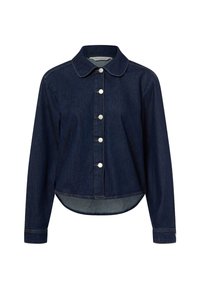 Granatowa kurtka dżinsowa z kołnierzem, zapinana z przodu na guziki, z długimi rękawami. Okrągły dół z tyłu i kontrastujące detale przeszyć.