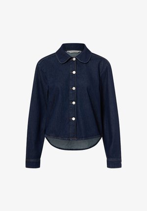 Dark blue denim jacket with a collar, front button closure, and long sleeves. Rounded hem at the back and contrasting stitching details.