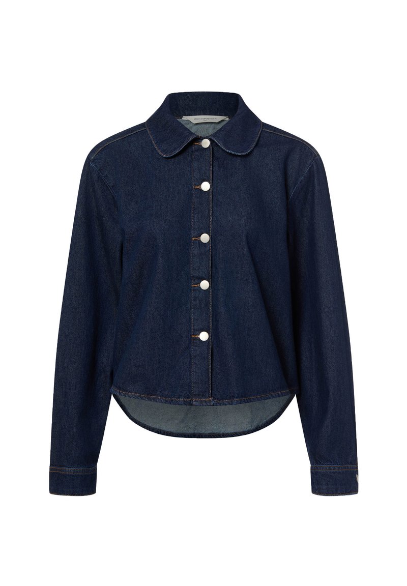 Granatowa kurtka dżinsowa z kołnierzem, zapinana z przodu na guziki, z długimi rękawami. Okrągły dół z tyłu i kontrastujące detale przeszyć.