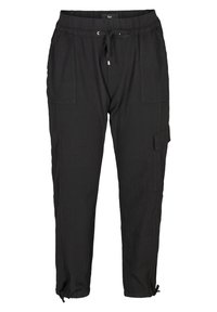 Pantaloni in tessuto leggero e nero con vita elasticizzata, chiusura con cordoncino, tasche laterali e dettagli con tasca cargo.