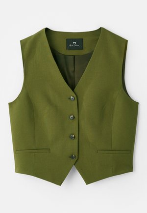 Colete verde oliva com decote em V, fecho com cinco botões, dois bolsos laterais e tecido de textura suave. Etiqueta de marca visível no interior.