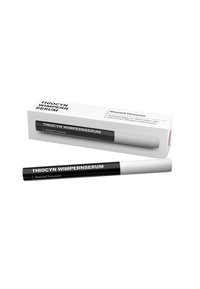 Black serum pen with a white cap and label, featuring "THIOCYN WIMPERNSERUM" text. Packaged in a rectangular white box.