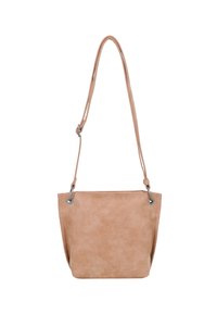 Helle, sandfarbene Wildleder-Tote mit zwei Schulterriemen, silbernen Hardware-Akzenten und einem strukturierten, leicht breiteren Boden.