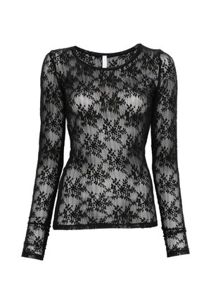 Top nero a maniche lunghe in pizzo floreale con tessuto trasparente e scollatura rotonda, silhouette aderente e motivo delicato e intricato su tutta la superficie.