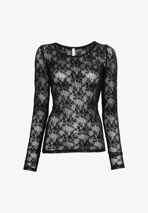 Zwarte lange mouwen bloemen kanten top met doorschijnende stof en ronde halslijn, aangesloten silhouet en een verfijnd delicaat patroon over het geheel.