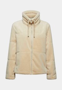 Veste en fausse fourrure beige avec col montant, fermeture éclair devant et liens à cordon, manches longues et texture douce et moelleuse.