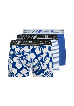 Pack of three men's boxers: one features a blue floral pattern, another solid blue, and the last with blue and white stripes.