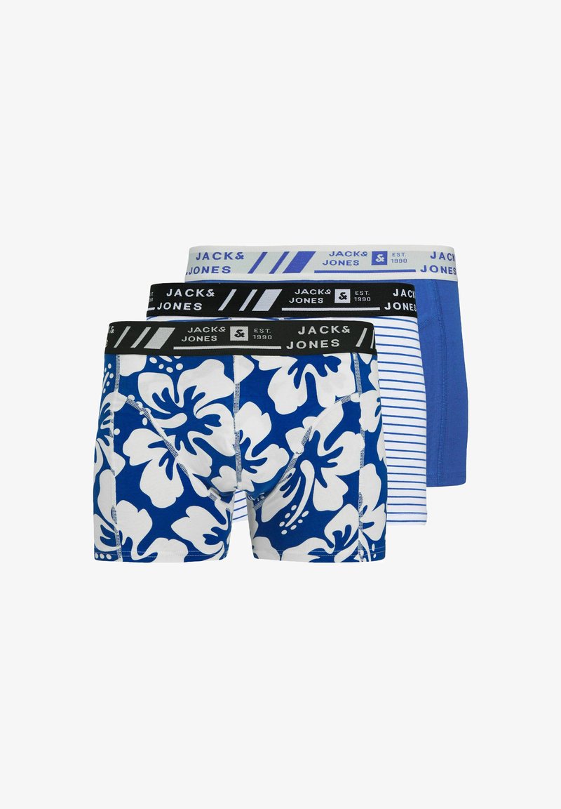 Pack of three men's boxers: one features a blue floral pattern, another solid blue, and the last with blue and white stripes.