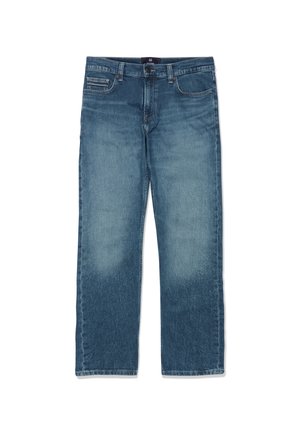 Vaqueros azules de mezclilla con un lavado desteñido, diseño de pierna recta y un bolsillo frontal único. Tela duradera con detalles clásicos de costura.